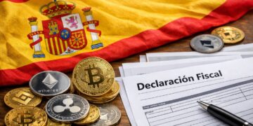 Bandera de España junto a monedas de bitcoin y otras criptomonedas, y papeles que digan "Declaración fiscal".
