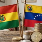 Banderas de Bolivia y Venezuela, con varias monedas de USDT apiladas.