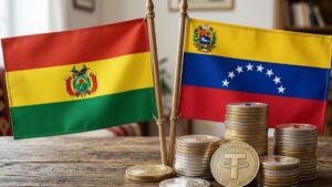Banderas de Bolivia y Venezuela, con varias monedas de USDT apiladas.