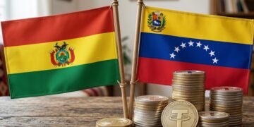 Banderas de Bolivia y Venezuela, con varias monedas de USDT apiladas.