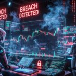 Robots de IA operando en un centro financiero y siendo hackeados.