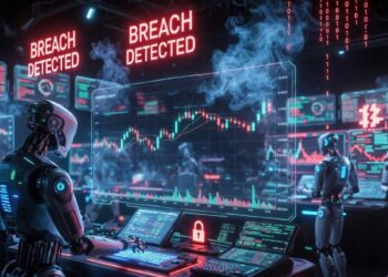 Robots de IA operando en un centro financiero y siendo hackeados.