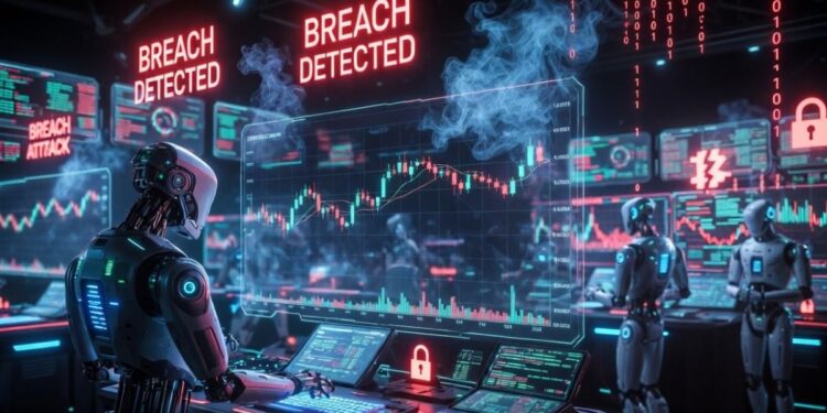 Robots de IA operando en un centro financiero y siendo hackeados.