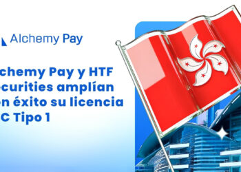 Banner promocional de Alchemy Pay anunciando que junto a HTF Securities amplían su licencia SFC tipo 1, a su derecha una bandera de Hong Kong ondeando