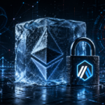 Un token de ether rodeado de un bloque de hielo.