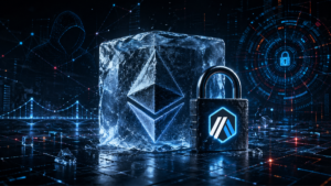 Un token de ether rodeado de un bloque de hielo.