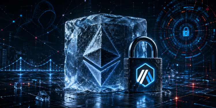 Un token de ether rodeado de un bloque de hielo.