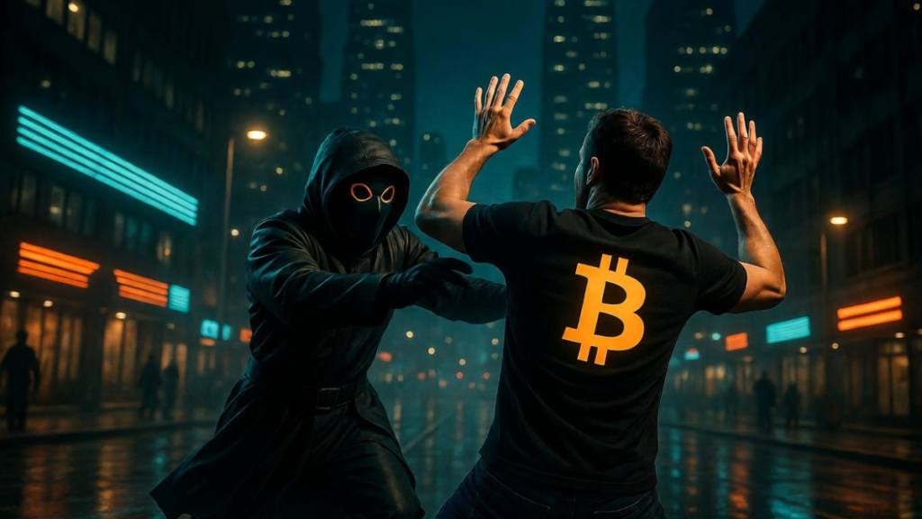 Un ladrón atacando a una persona con una remera de Bitcoin.