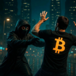 Un ladrón atacando a una persona con una remera de Bitcoin.