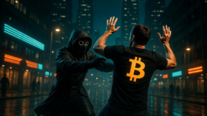 Un ladrรณn atacando a una persona con una remera de Bitcoin.
