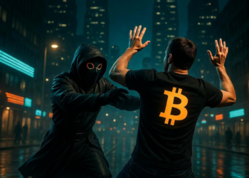 Un ladrón atacando a una persona con una remera de Bitcoin.