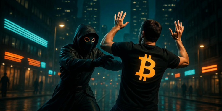 Un ladrón atacando a una persona con una remera de Bitcoin.