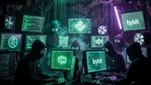 Hackers operando en una cueva e intentando atacar al exchange Bybit.
