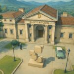 Caricatura Banco Bitcoin con estatua de Criptonoticias para aniversario 11