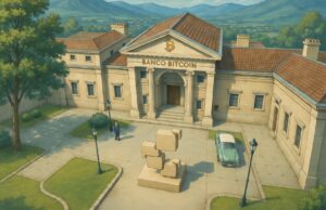 Caricatura Banco Bitcoin con estatua de Criptonoticias para aniversario 11