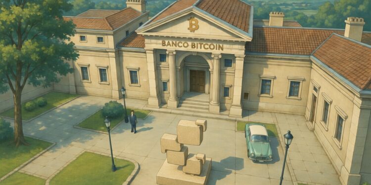 Caricatura Banco Bitcoin con estatua de Criptonoticias para aniversario 11