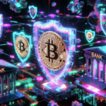 Monedas de Bitcoin y bancos protegiendoses contra ordenadores cuánticos.