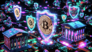 Monedas de Bitcoin y bancos protegiendoses contra ordenadores cuánticos.