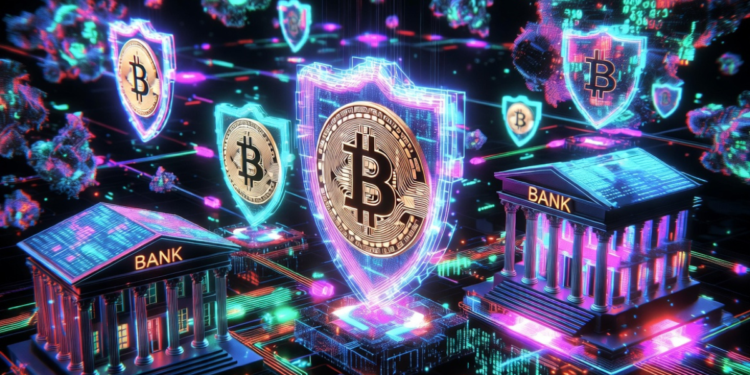 Monedas de Bitcoin y bancos protegiendoses contra ordenadores cuánticos.