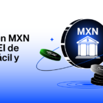 Moneda azul con sรญmbolo de banco y MXN con otras monedas flotando a su alrededor, en fondo azul degradado.