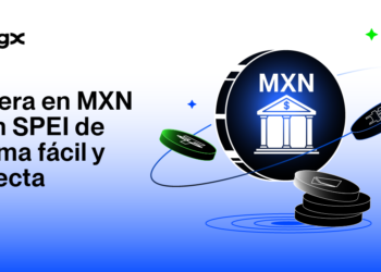 Moneda azul con símbolo de banco y MXN con otras monedas flotando a su alrededor, en fondo azul degradado.