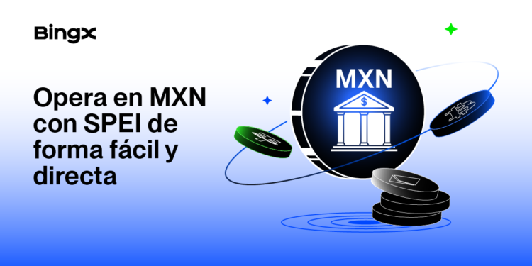 Moneda azul con símbolo de banco y MXN con otras monedas flotando a su alrededor, en fondo azul degradado.