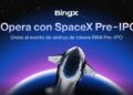 Banner promocional para SpaceX y activos Pre-IPO con BingX. Con un cohete de fondo.