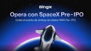 Banner promocional para SpaceX y activos Pre-IPO con BingX. Con un cohete de fondo.