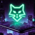 Un dispositivo movil conectado a la red Bitcoin, con una ciudad de noche de fondo.