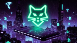 Un dispositivo movil conectado a la red Bitcoin, con una ciudad de noche de fondo.