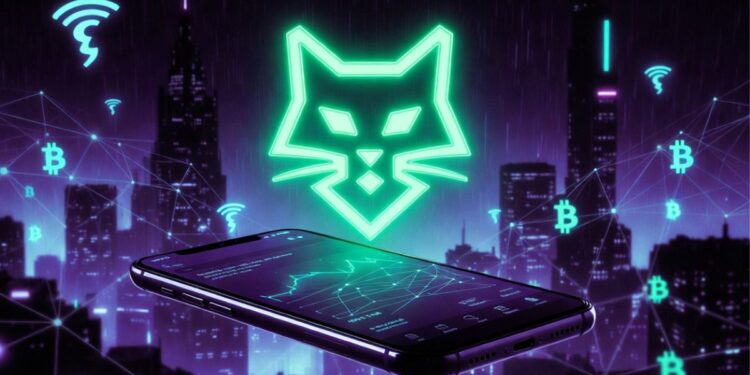 Un dispositivo movil conectado a la red Bitcoin, con una ciudad de noche de fondo.