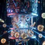 Monedas de Bitcoin siendo atacadas por una computadora cuรกntica.