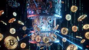 Monedas de Bitcoin siendo atacadas por una computadora cuántica.