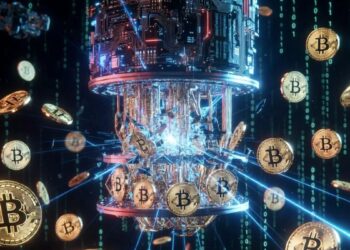 Monedas de Bitcoin siendo atacadas por una computadora cuántica.