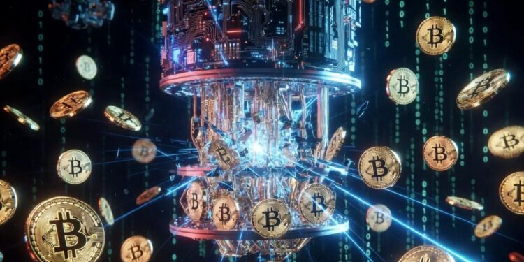 Monedas de Bitcoin siendo atacadas por una computadora cuántica.