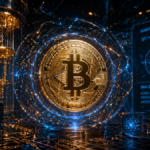 Un laboratorio con una computadora cuántica y una moneda de Bitcoin.