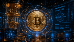 Un laboratorio con una computadora cuántica y una moneda de Bitcoin.