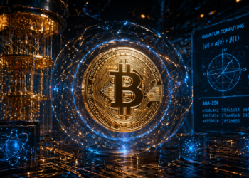 Un laboratorio con una computadora cuántica y una moneda de Bitcoin.