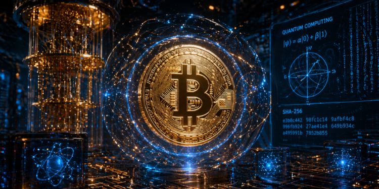 Un laboratorio con una computadora cuántica y una moneda de Bitcoin.