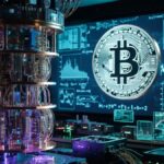 Un laboratorio con una computadora cuántica y una pantalla gigante con una moneda de Bitcoin.