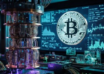 Un laboratorio con una computadora cuántica y una pantalla gigante con una moneda de Bitcoin.