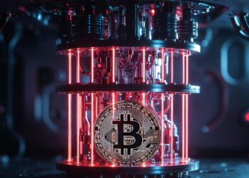 Una computadora cuántica atacando a una moneda de BTC.