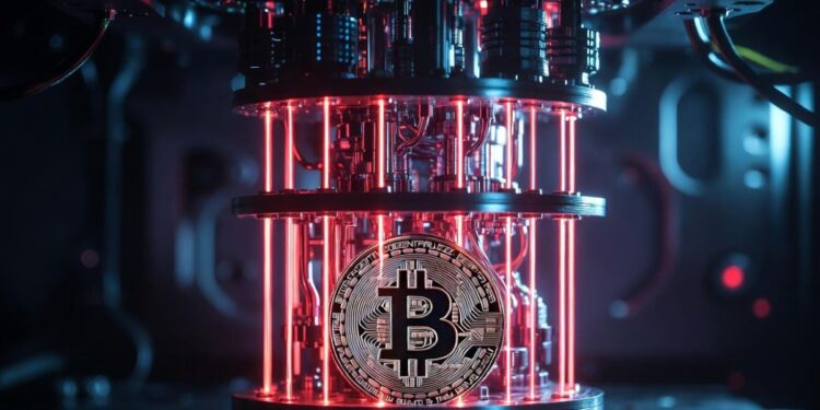 Una computadora cuántica atacando a una moneda de BTC.