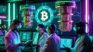 Científicos discutiendo sobre Bitcoin y computación cuántica.