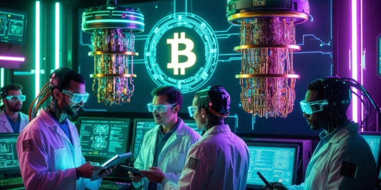 Científicos discutiendo sobre Bitcoin y computación cuántica.