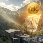 Una granja minera de Bitcoin conectada a una represa hidroeléctrica en un bosque.