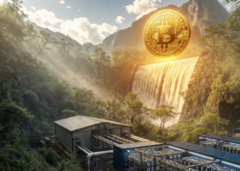 Una granja minera de Bitcoin conectada a una represa hidroeléctrica en un bosque.