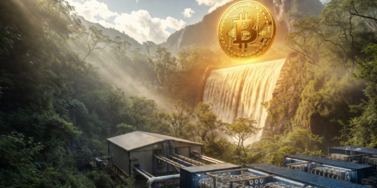 Una granja minera de Bitcoin conectada a una represa hidroeléctrica en un bosque.
