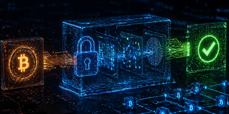 La red Bitcoin procesando una transacción en un bloque.