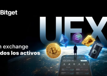 Banner de Bitget, exchabge universal. A la derecha el planeta tierra, detrás UEX (Universal Exchange) delante la silueta de un hombre contemplando el mundo, parado sobre un celular gigante del que salen activos, tanto cripto como tradicionales